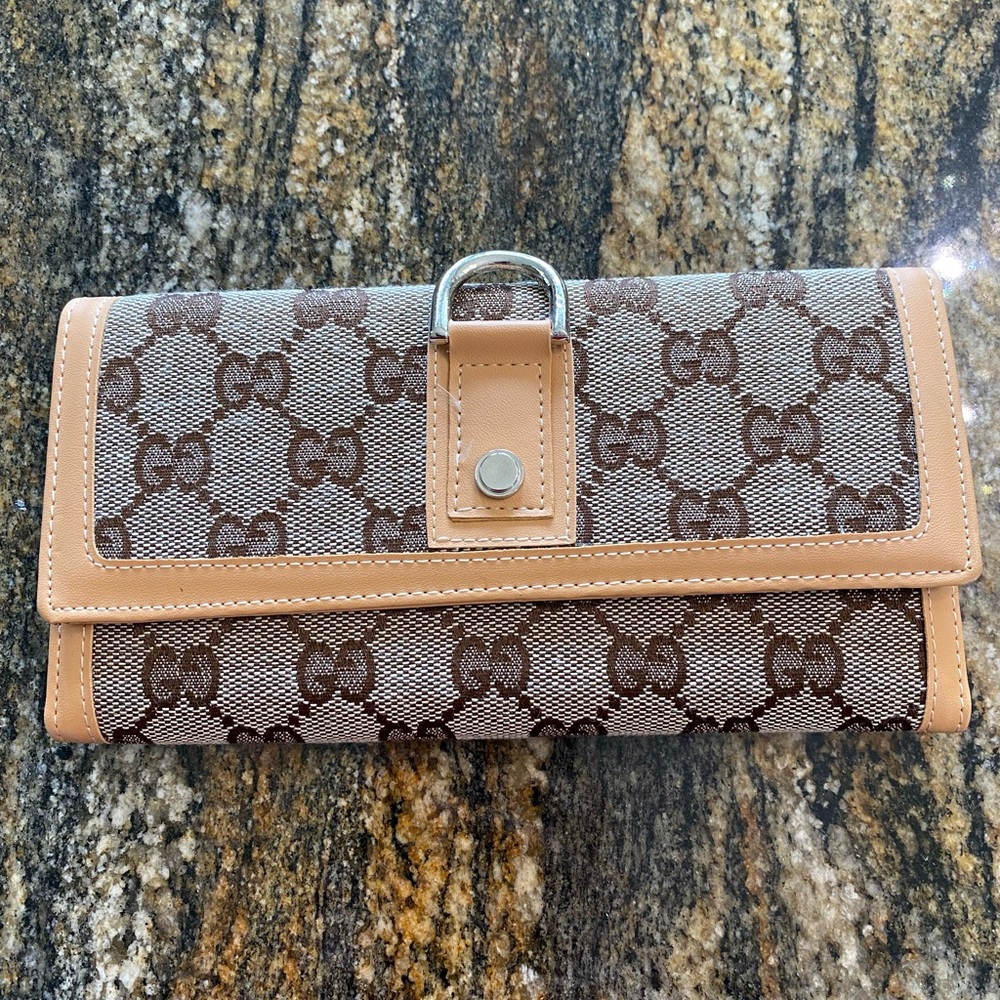 Gucci Brown Monogram Continental Wallet with Tan Trim and Silver Hardware